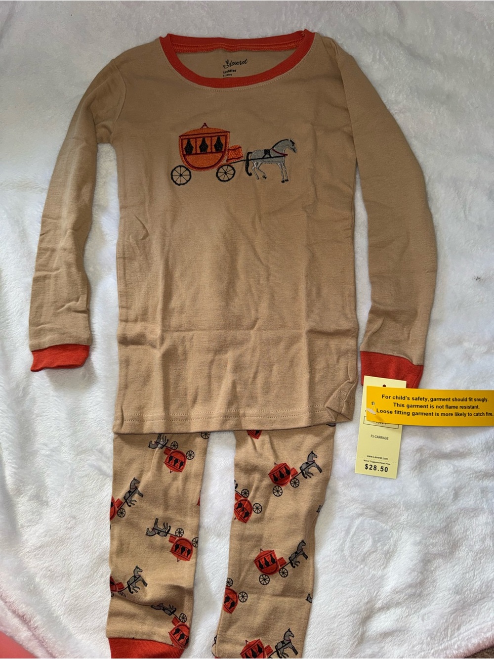 Children's 5T Beige and Orange Horse Carriage Pajama Set